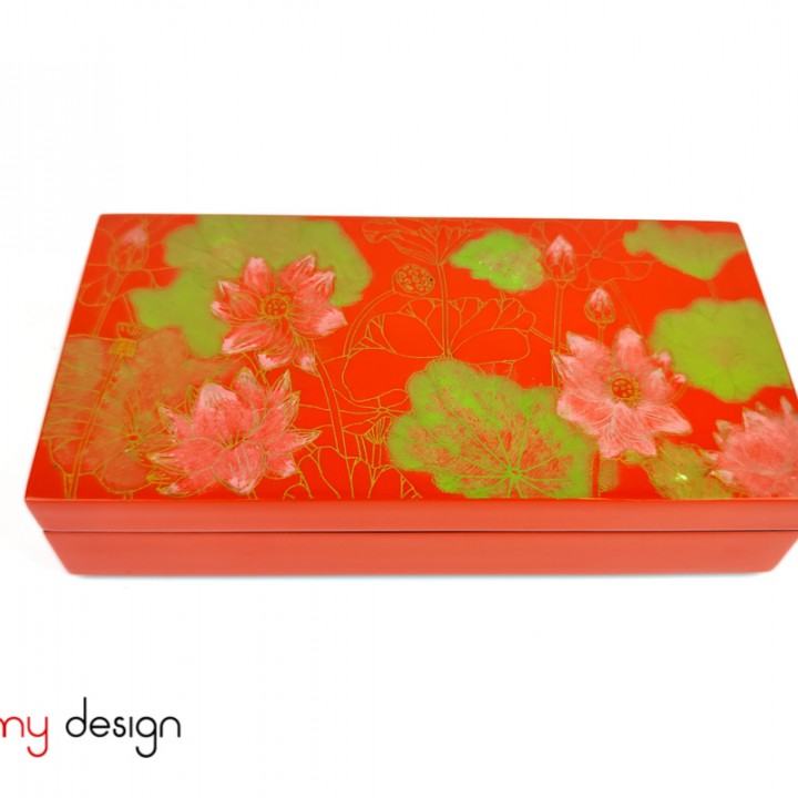 Orange rectangular lacquer box hand-painted with lotus 10*20*H6 cm